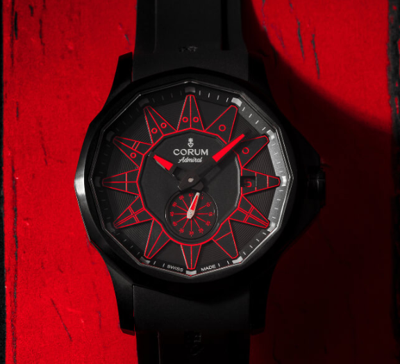 The red elements on the black dial are striking and eye-catching.
