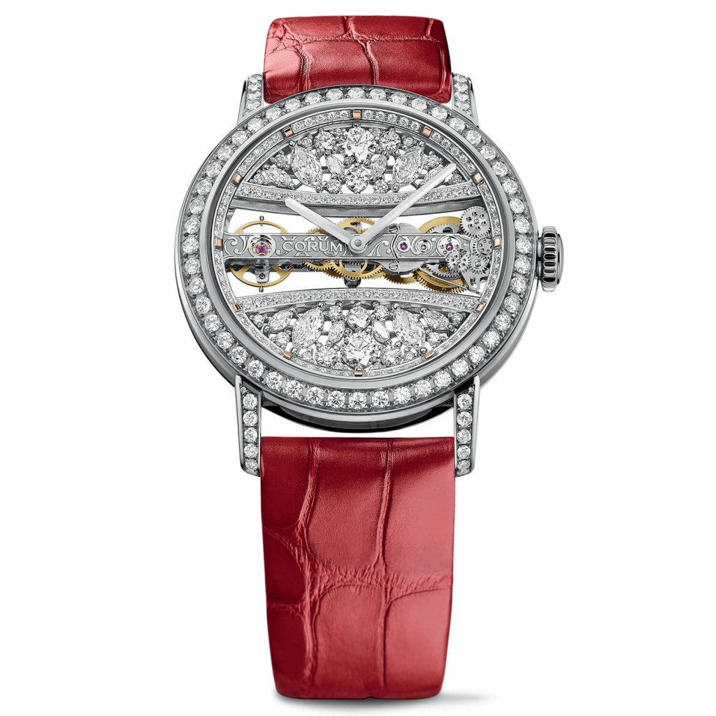 The diamonds paved on the dial and case enhance the nobility of the Corum.