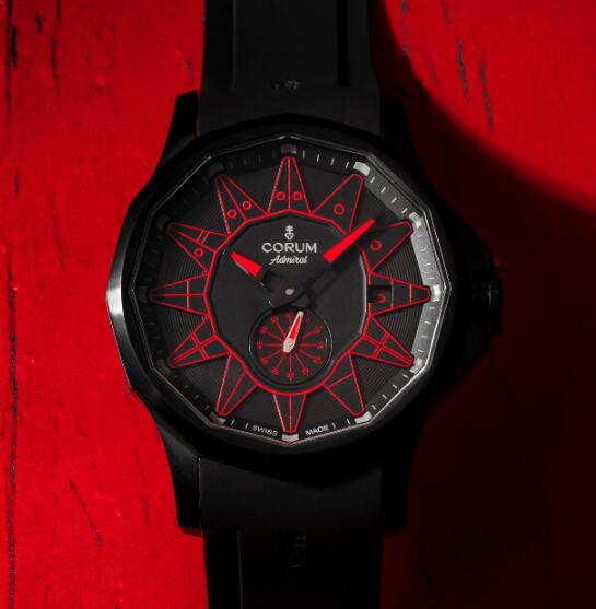 The red hands and red flags are striking on the black dial.