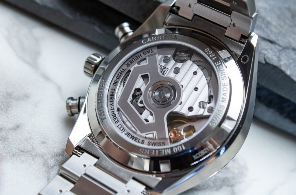 Exhibition caseback showing the visible chronograph movement